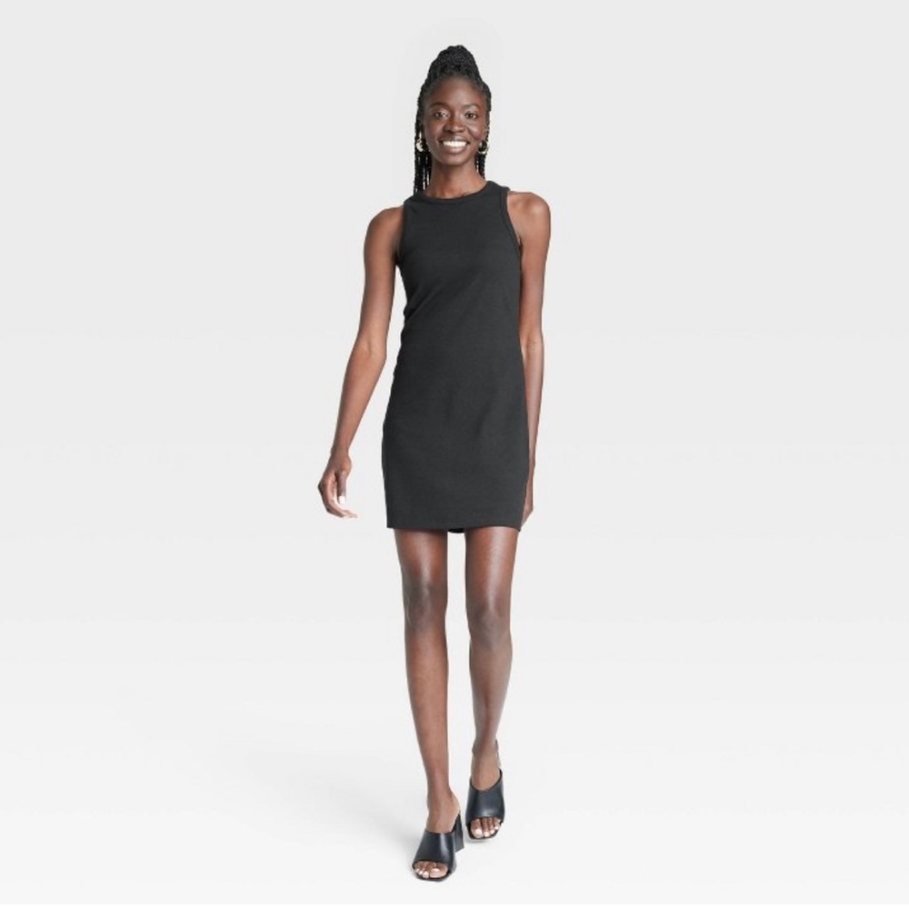 Women’s sleeveless rib racer dress in black, size Medium